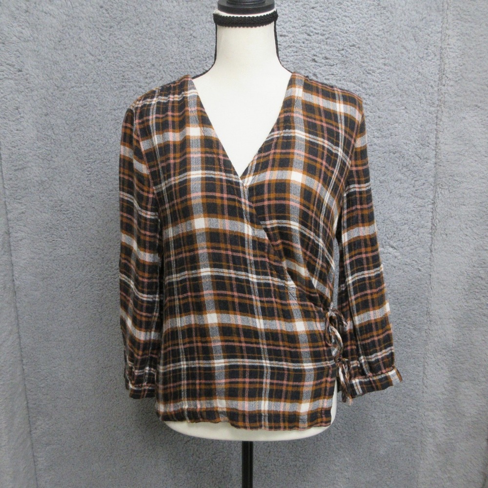 Madewell Plaid Wrap‎ Shirt Womens Small Brown Surplice Neck Casual Boho Academia